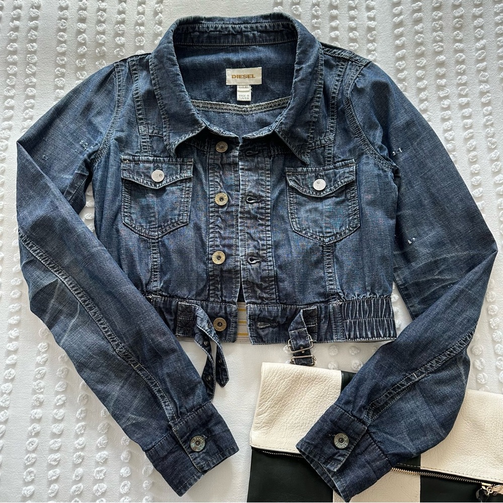 Diesel Cropped Distressed Lightweight Denim Jacket Biker Style w/Buckles XS